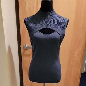 White House Black Market Blue Ribbed Cut Out Tank Top Sz L